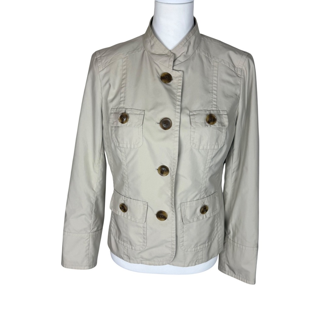 Talbots Petites Tan Khaki Utility Button Front Mock Neck Jacket Size 10P